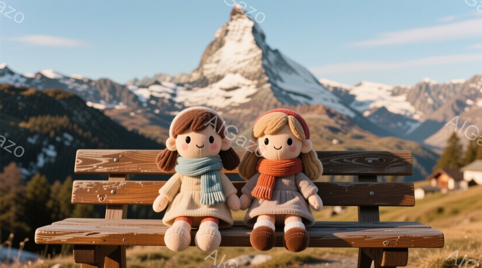 2体のぬいぐるみは、木製のベンチに並んで座っています。どちらも茶色の髪に、それぞれ水色とオレンジのショールを巻き、可愛らしい表情をしています。背景には、雪を頂いた山々と緑の草原が広がり、晴れた空の下、穏やかで温かい雰囲気を醸し出しています。