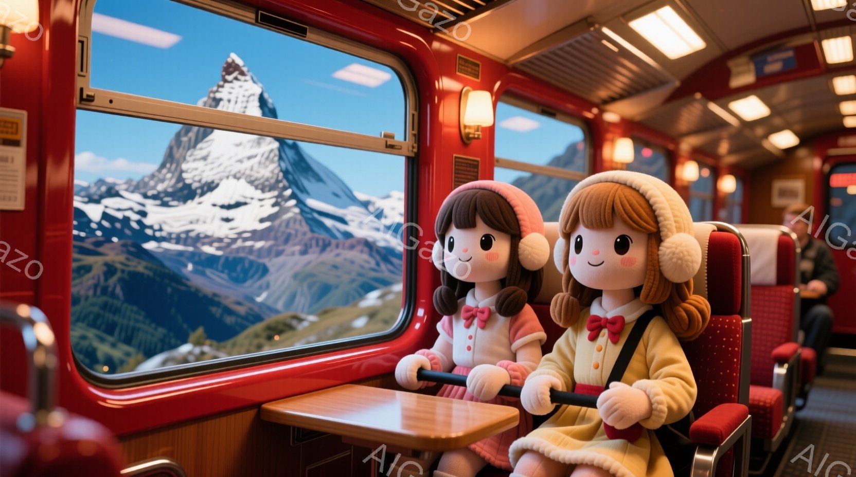 可愛らしい人形が2体、列車の座席に座っています。ピンクと黄色の暖かいコートと帽子を身につけ、つぶらな瞳と微笑みを浮かべています。背景には、雪を頂いた山々が広がり、晴天の空が広がっており、穏やかで温かい - AI生成フリー素材
