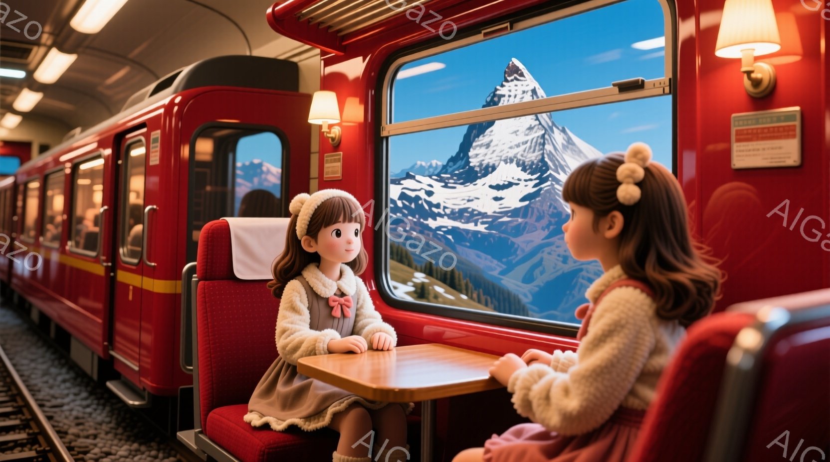 赤い列車内にて、二人の少女が向かい合って座っている。少女たちは白いセーターにスカート姿で、髪型はそれぞれ毛糸で結ばれたお団子ヘア。背景には雪を頂いた山々が広がり、列車内は温かく穏やかな雰囲気が漂っている。