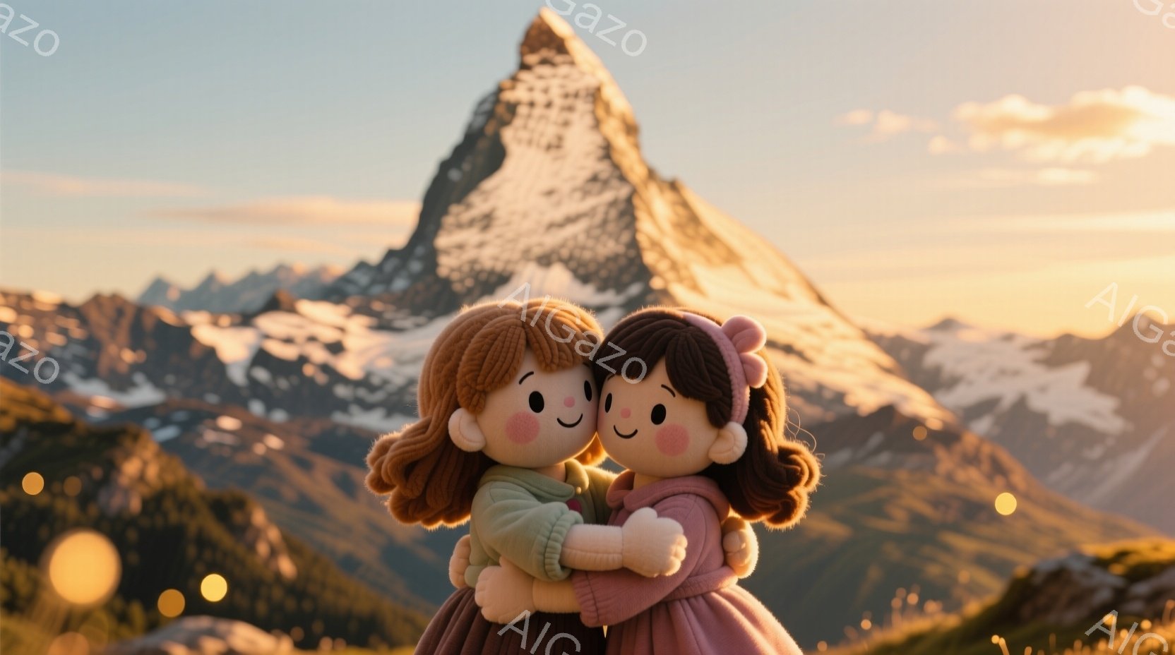 ふたりの少女が寄り添って抱き合っています。明るい茶色の巻き毛と、ピンク色のワンピースを着ており、幸せそうな笑顔を浮かべています。背景には雪を頂いた山々が広がり、夕焼けのような暖かい光が全体を包み込み、 - AI生成フリー素材