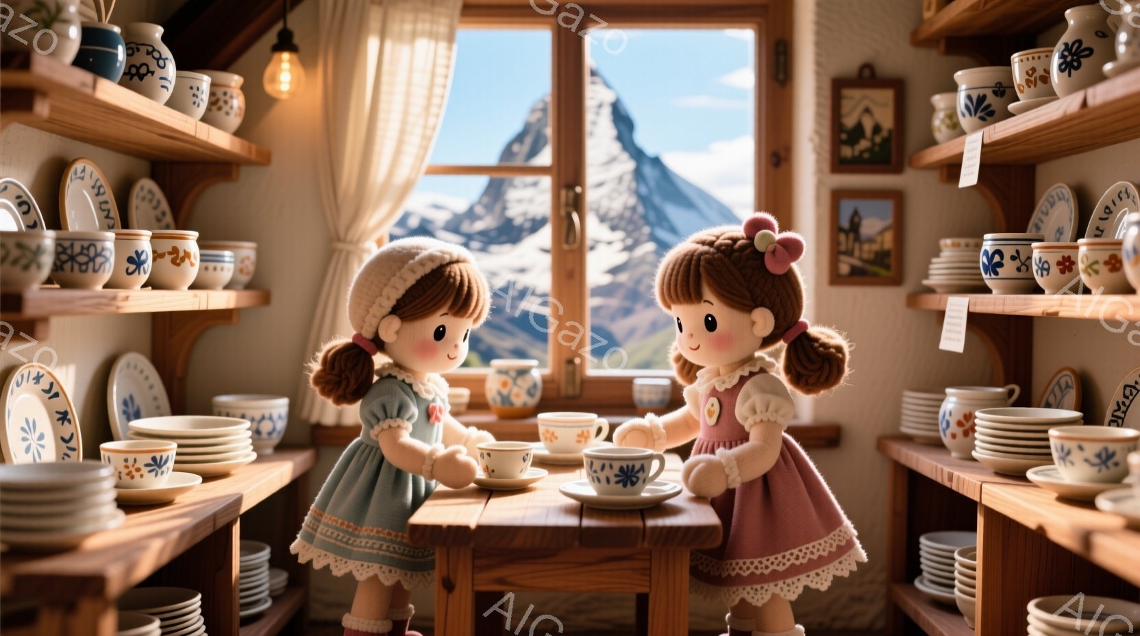 2人の少女が木製のテーブルを挟んで向かい合って座り、それぞれ白いカップと青い模様のソーサーを持ってティータイムを楽しんでいます。彼女たちは同じように茶色の巻き毛の髪型で、白い帽子をかぶり、淡いピンクと水色のフリルがついたドレスを着ています。背景には、棚に並んだ陶器類、そして雪を抱いた山々が見える窓があり、暖かく穏やかな雰囲気を醸し出しています。