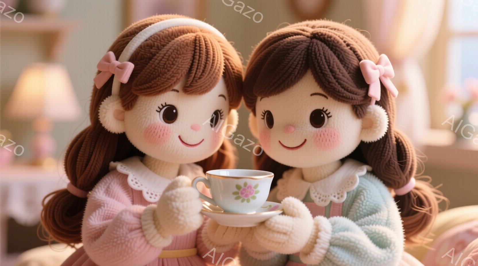 ふわふわとした質感のピンクと水色のセーターを着た、同じように見える二人の女の子が描かれています。彼女たちは、白いフリル襟と、ピンクのリボンで結ばれたサイドポニーテールが特徴で、笑顔で白い手袋をはめた手で小さな花柄のティーカップを抱えています。背景にはぼやけた家具や植物が見え、温かく、柔らかい雰囲気を作り出しています。