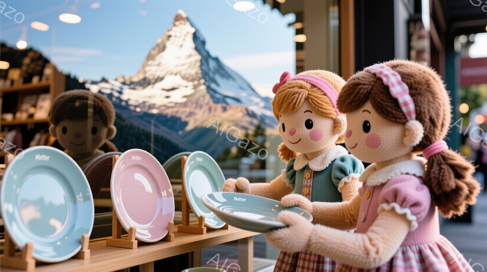 可愛らしい人形が並べられた棚の前で、別の人形が青い皿を持っている様子が写っています。人形は金髪の巻き毛にピンク色のリボンをつけており、緑色のジャケットとピンク色のスカートを着ています。背景にはマッターホルンの美しい山並みが描かれた壁画があり、暖かく親しみやすい雰囲気を醸し出しています。