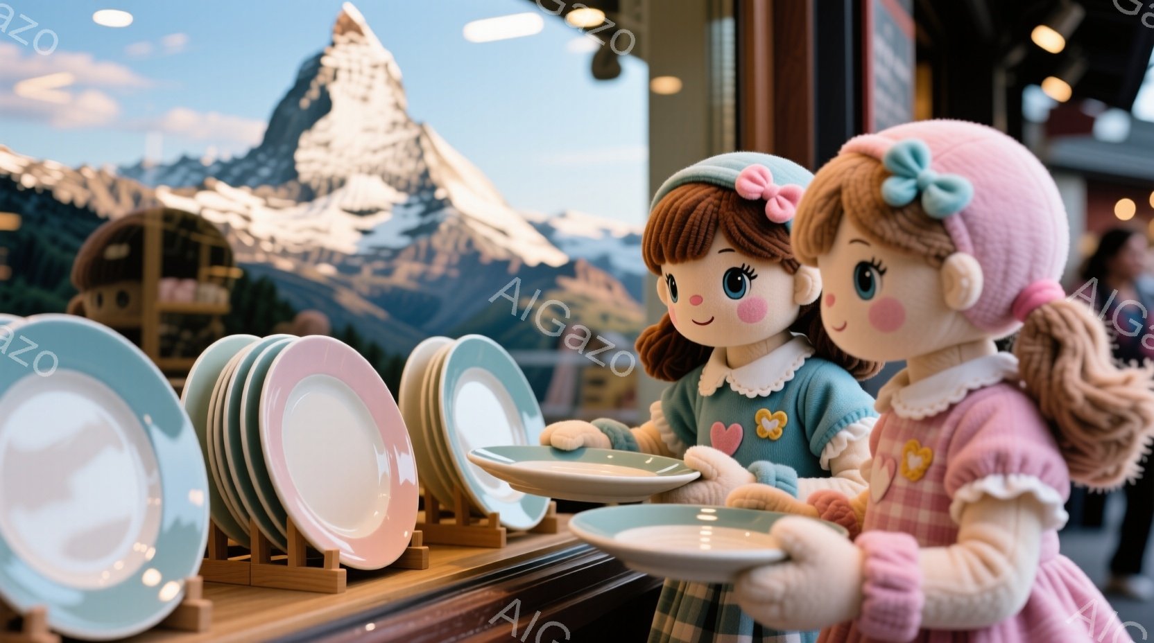 ピンクと水色のニットを着た2体の可愛い人形が、棚に並んだお皿の前に立っています。人形はそれぞれピンクと茶色のヘアスタイルで、微笑んでいます。背景には雪をかぶった山々と小さな建物が見え、まるで冬の遊園地のような雰囲気です。