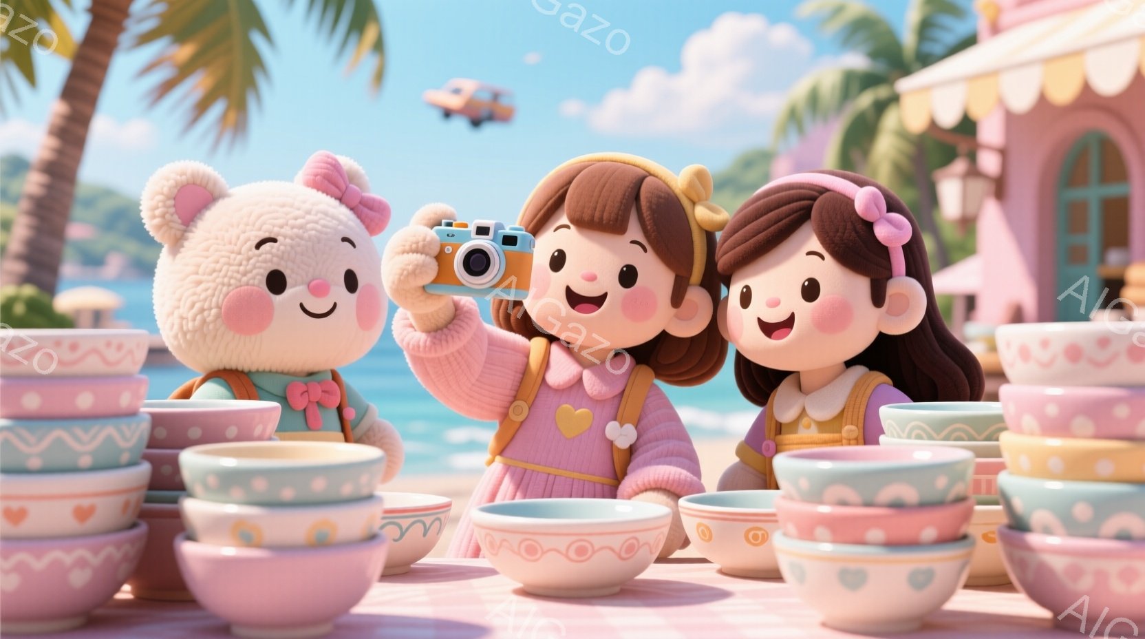 可愛らしい少女とクマのぬいぐるみが、ピンクと白のストライプのテーブルを囲んでいます。少女は茶色の髪をポニーテールにし、ピンクのワンピースとハート柄のベストを着て、カメラを持ってクマの方を向いています。 - AI生成フリー素材