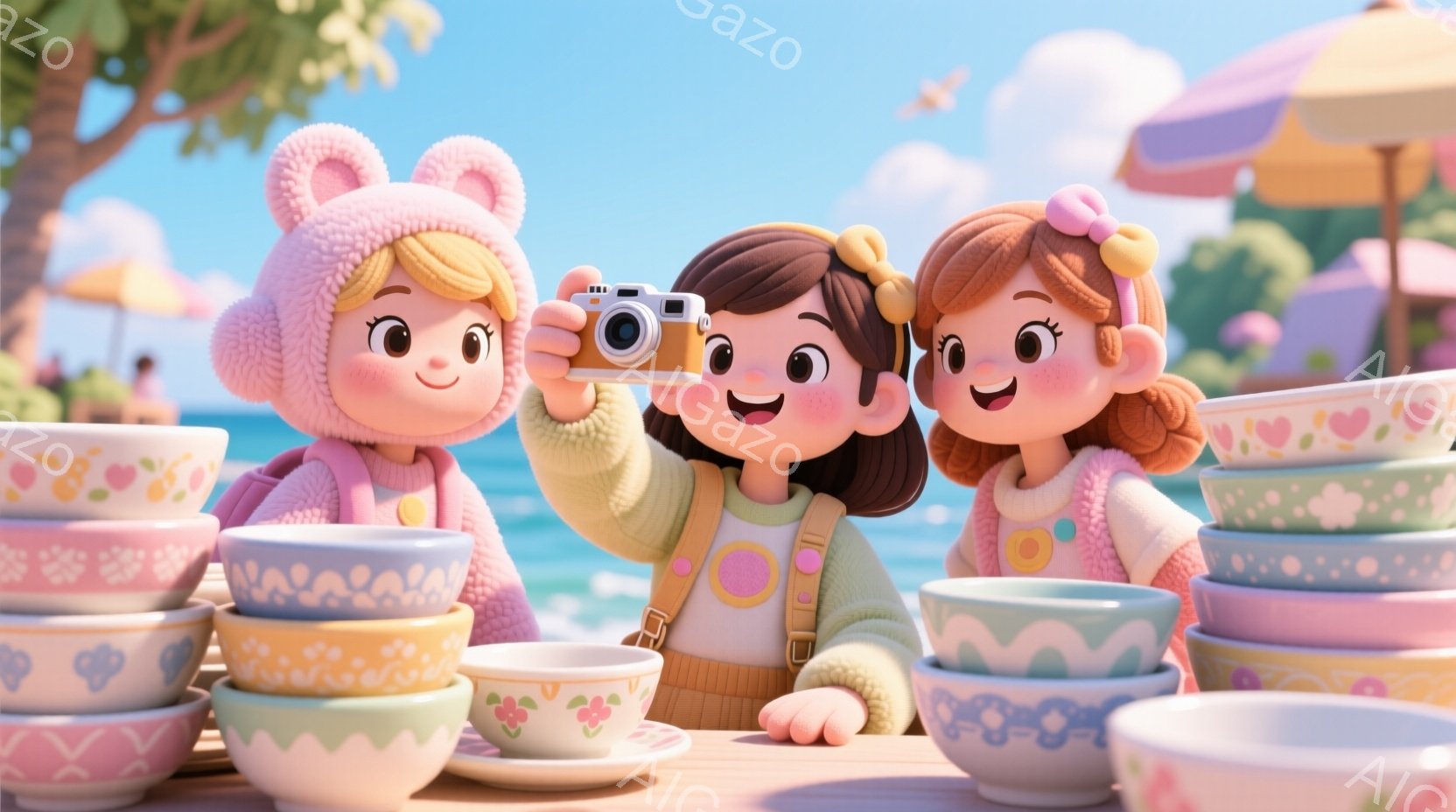 可愛らしい女の子たちが、カラフルな茶碗が積み上げられたテーブルを背景にポーズを取っています。茶色の髪を結んだ女の子はカメラを持っており、ピンク色の帽子をかぶった女の子と、オレンジ色のセーターを着た女の子を撮影しているようです。背景には青い海、白い砂浜、パラソルが並び、晴れた日の楽しい雰囲気が伝わってきます。