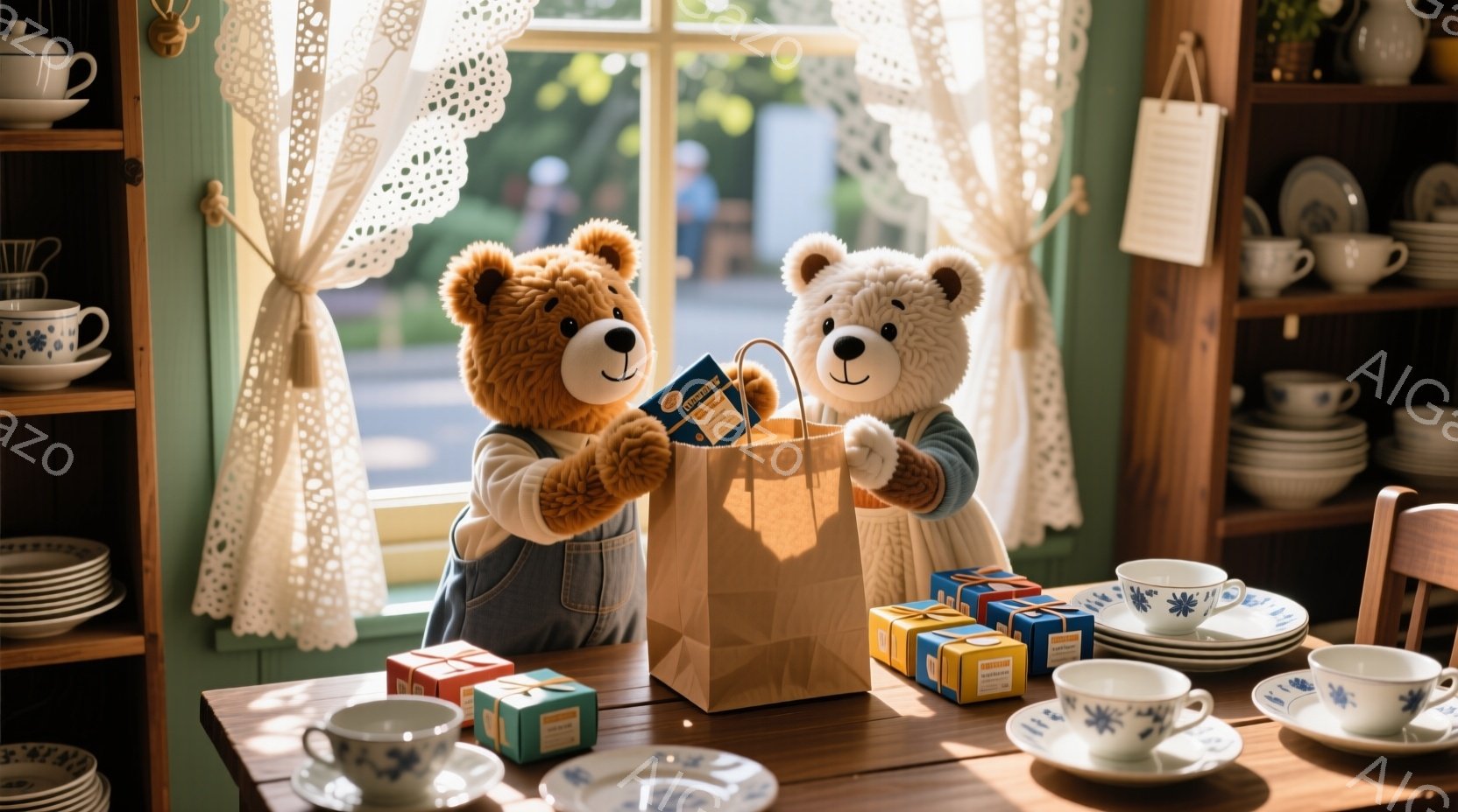 2匹のテディベアがテーブルに立っており、一匹は水色のオーバーオールを着て、もう一匹は白いエプロンをかけています。彼らは紙袋を持っており、テーブルの上にはプレゼントがいくつか置かれています。背景には食器棚と窓があり、明るく温かい雰囲気です。