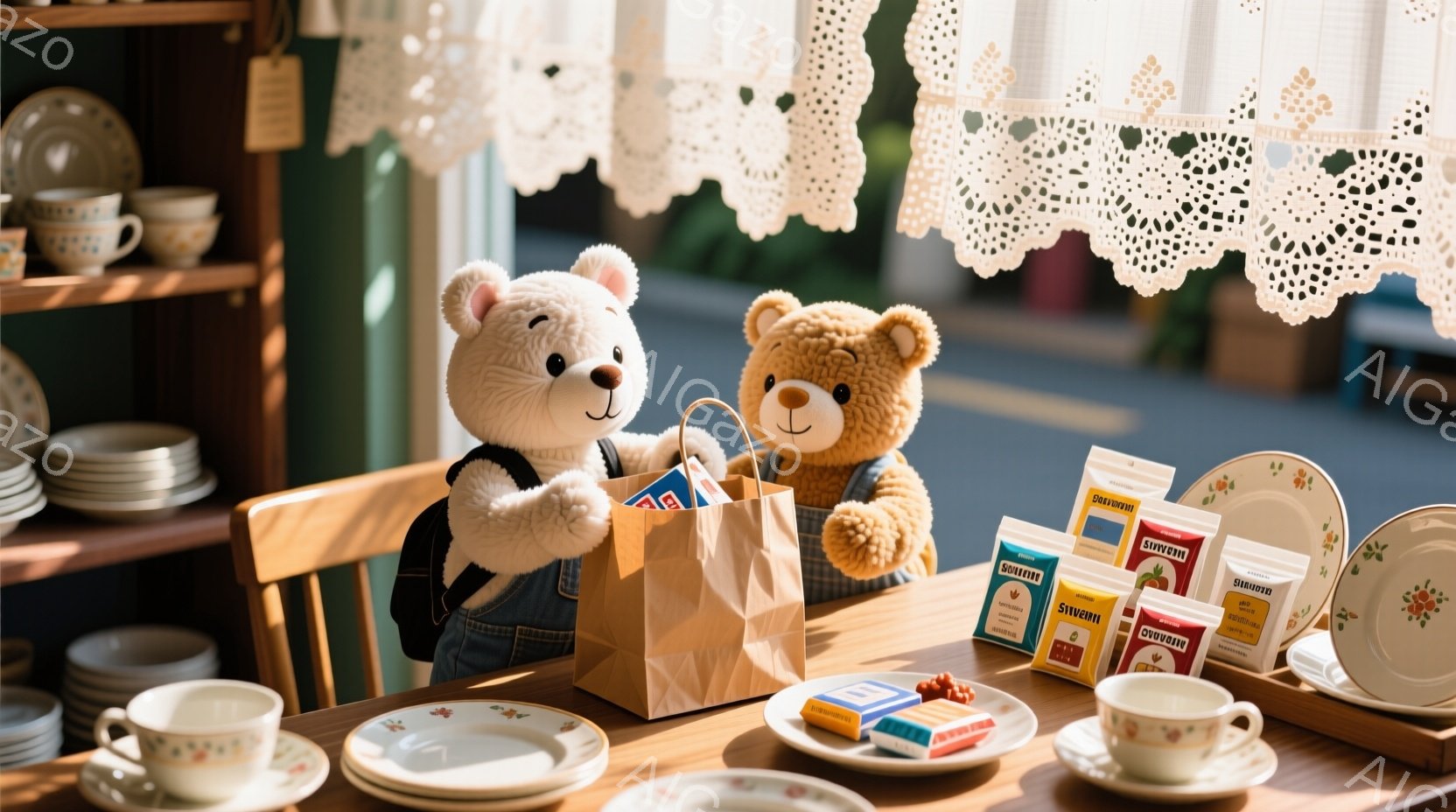 ぬいぐるみであるクマが、茶色の紙袋を抱えて椅子に座っています。クマはデニムのオーバーオールを着ており、優しい表情をしています。背景には食器棚と様々な柄の食器が並び、温かく居心地の良い雰囲気が漂っています。