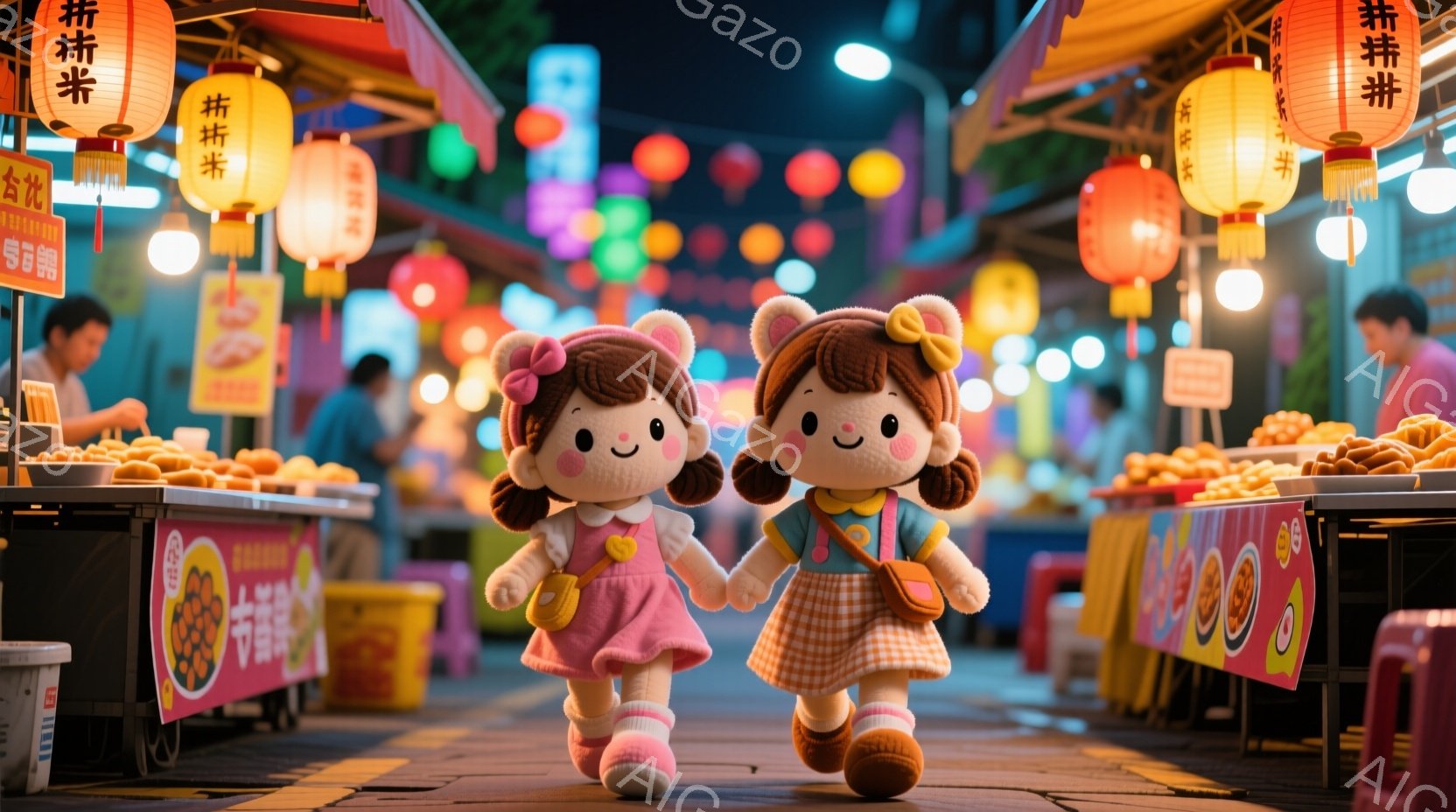 二人の可愛らしい女の子のおもちゃが、夜の屋台街で手をつないで歩いている。ピンクと水色のチェック柄のワンピースを着ており、髪にはリボンと動物の耳がついている、表情は笑顔でとても愛らしい。背景には、提灯や - AI生成フリー素材