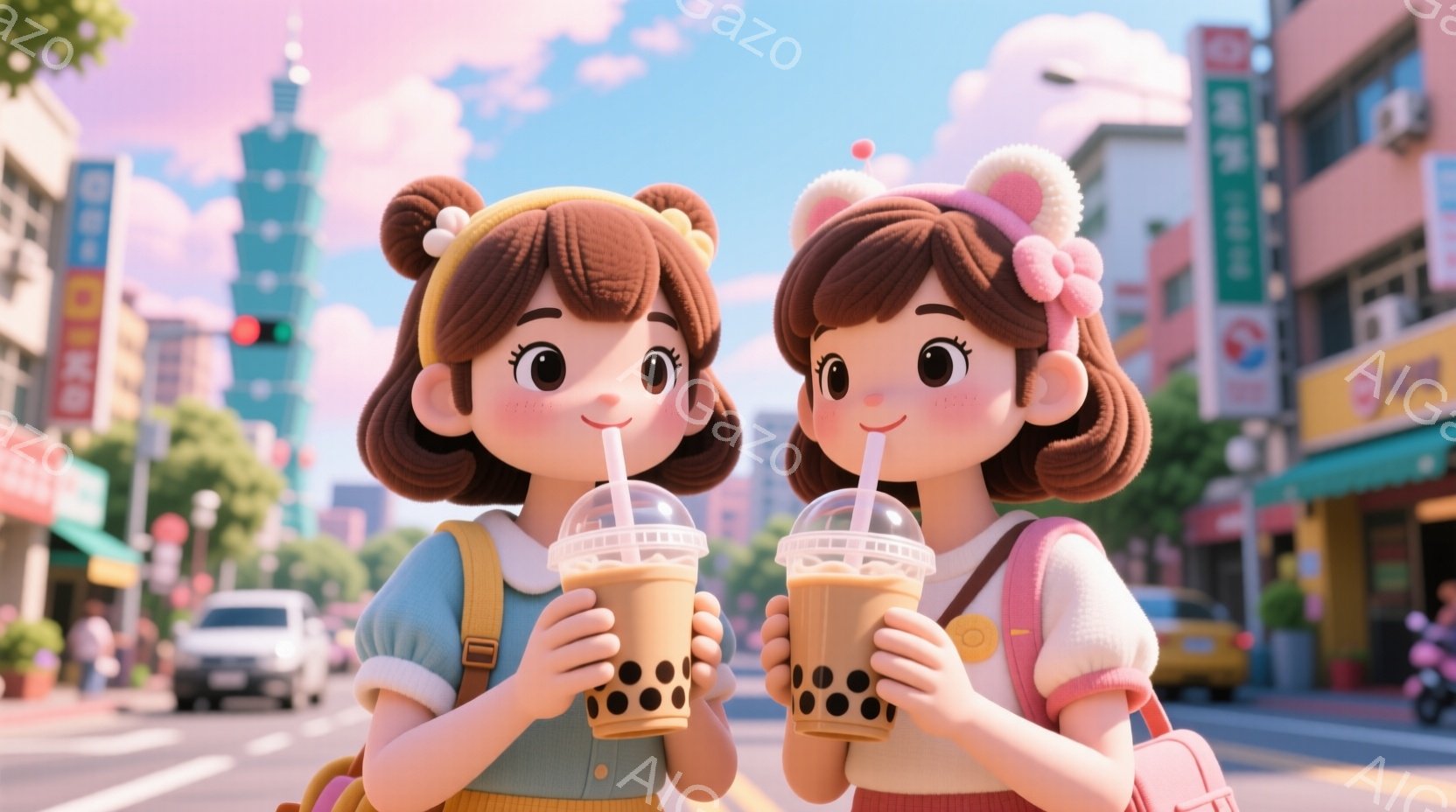 バブルティーを手に持った二人の若い女性が描かれています。彼女たちは明るい色の洋服を着ており、髪はカールして、頭に小さな飾りをつけています。背景には、カラフルな建物や車、そして青空が広がっており、全体的に明るく、活気のある雰囲気です。