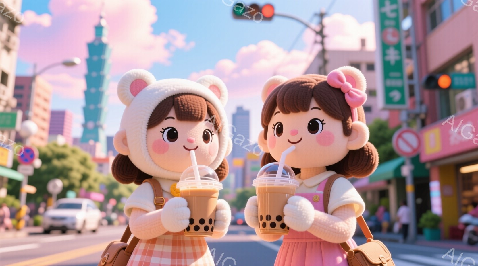 2人の女の子が、それぞれバブルティーを持って立っています。彼女たちは、クリーム色のフード付きセーター、ピンクのチェック柄のスカート、そして茶色の巻き毛の髪型をしており、顔には愛らしい表情が見られます。背景には、高層ビル、緑の木々、そして晴れた空が広がっており、全体的に温かく、可愛らしい雰囲気が漂っています。