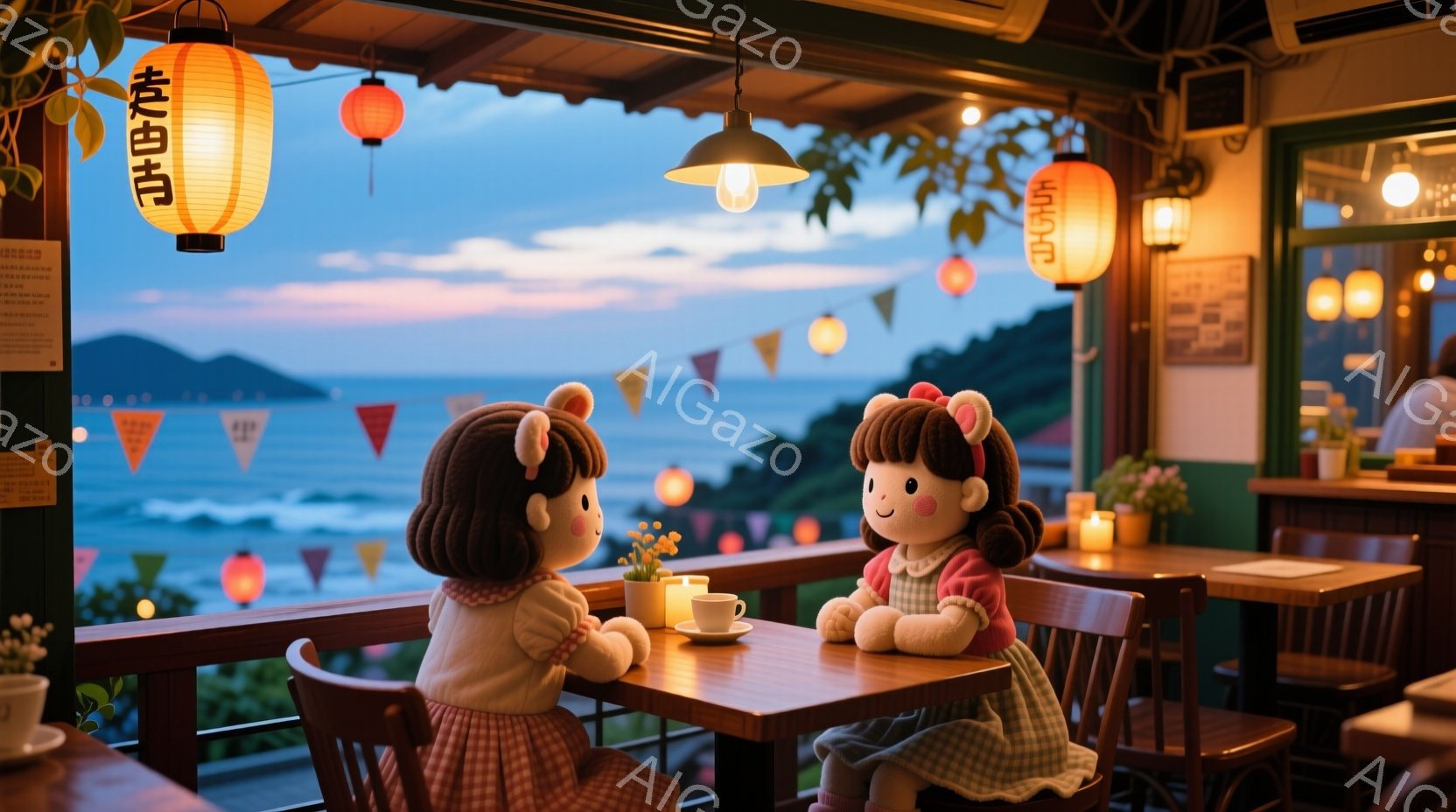 暖かい光に照らされたカフェで、可愛らしいウサギのぬいぐるみ2体が向かい合って座っています。ピンク色のワンピースを着たぬいぐるみは、テーブルの上のカップを見つめ、もう一方のぬいぐるみは、茶色の巻き毛ヘアを揺らしながら、穏やかな表情を浮かべています。背景には、夕暮れ時の海と山々が広がり、カラフルな提灯と植物が、カフェの温かく居心地の良い雰囲気をさらに引き立てています。