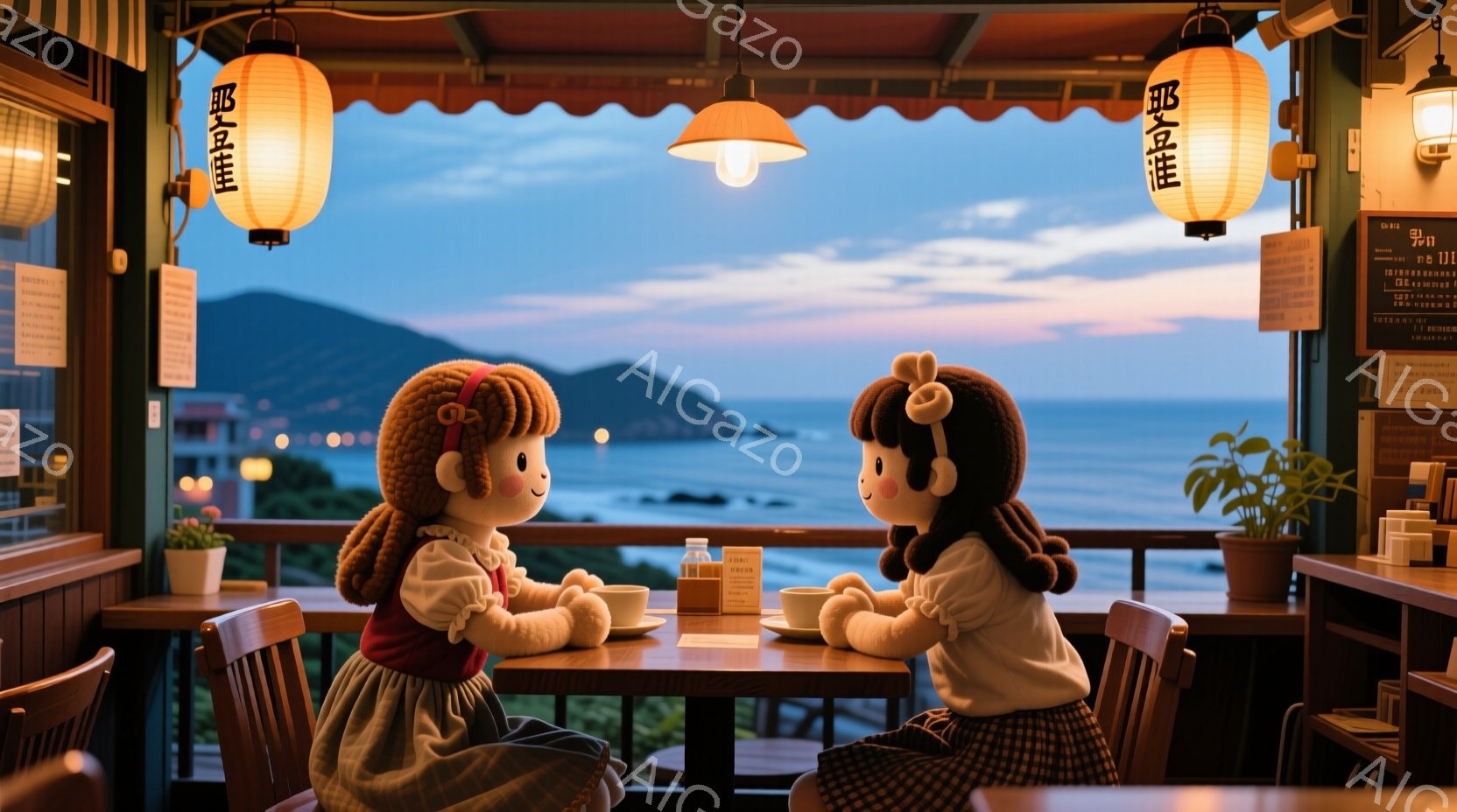 二つの可愛らしい人形がカフェのテーブルを挟んで向かい合って座っています。人形はどちらも茶色の巻き毛で、赤いまたは白いワンピースを着ています。背景には、夕暮れ時の海と山々が広がり、カフェの店内は温かい光 - AI生成フリー素材