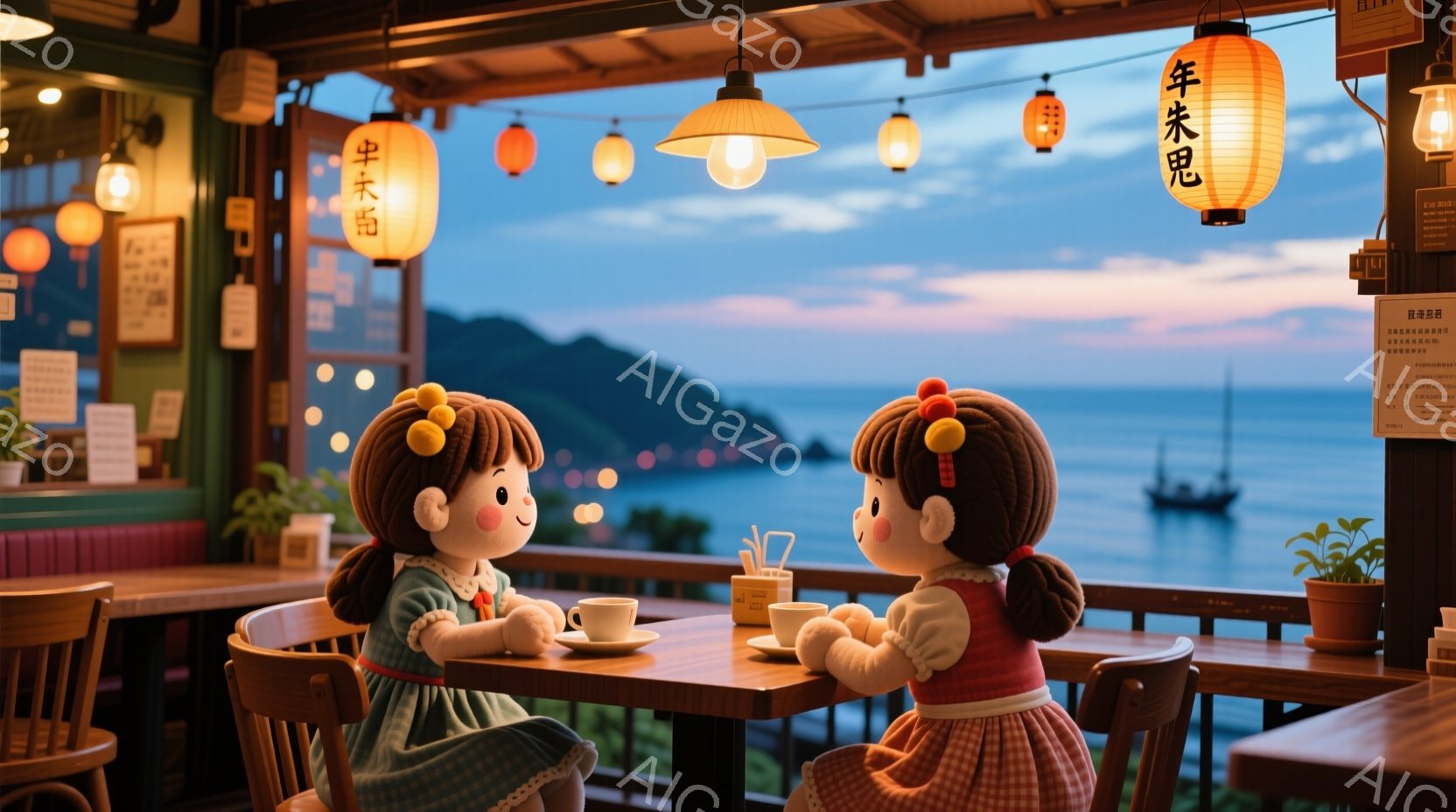 二人の人形が海を見下ろすカフェのテーブルで向かい合って座っています。人形はそれぞれ緑とピンクのワンピースを着ており、同じような茶色の巻き毛の髪型をしています。背景には青い海と夕焼け空が広がり、カフェに - AI生成フリー素材