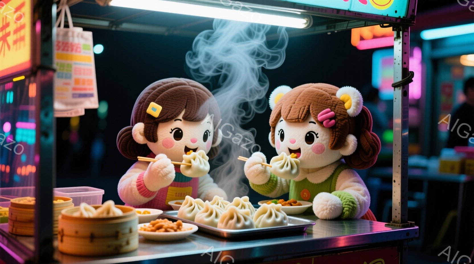 蒸したての餃子が立ち上る湯気に包まれ、可愛らしい女の子の人形が並んでいる。ピンク色のヘアバンドと、赤いセーターと緑色の袖が特徴で、大きな目で餃子を美味しそうに食べている。背景には屋台の賑やかな光景が広 - AI生成フリー素材