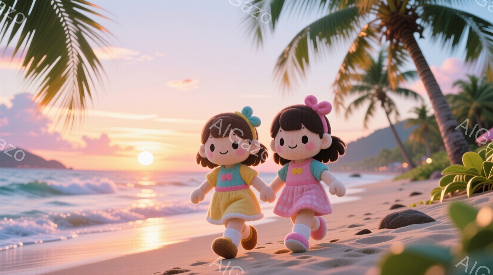 可愛らしい人形が二人、夕焼けのビーチを並んで歩いています。一人は黄色のワンピースに水色のリボン、もう一人はピンクのワンピースに黄色のリボンをつけ、どちらも黒髪で同じ笑顔を浮かべています。背景にはヤシの - AI生成フリー素材