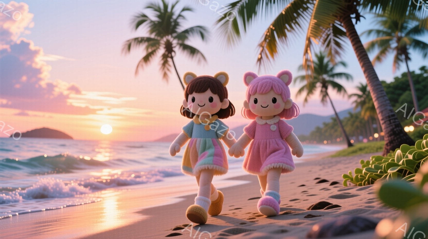 二人の女の子が手をつないで砂浜を歩いている。それぞれパステルカラーのワンピースを着ており、髪にはクマの耳のヘアバンドをつけている。背景にはヤシの木が生い茂り、夕焼け空の下、穏やかな波が打ち寄せている、 - AI生成フリー素材