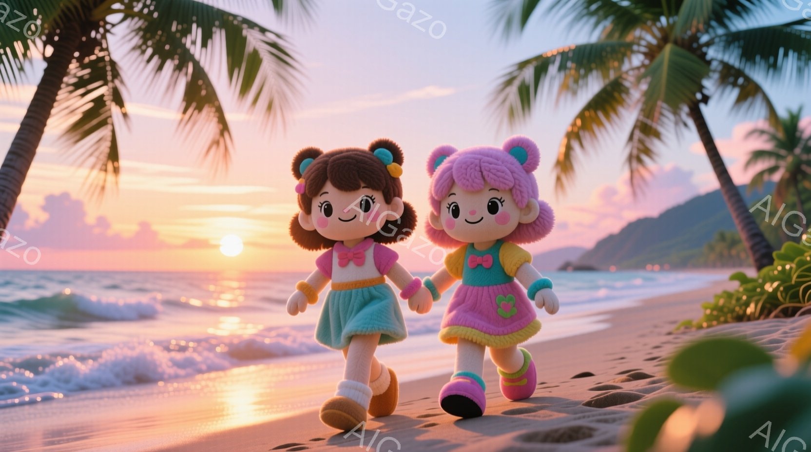 2人の若い女性がビーチを並んで歩いている。彼女たちはそれぞれ明るい色の服を着ており、ピンクと茶色のカールした髪型に、大きな目をしている。背景には、夕焼けの空、穏やかな海、ヤシの木々が見え、暖かく平和な - AI生成フリー素材