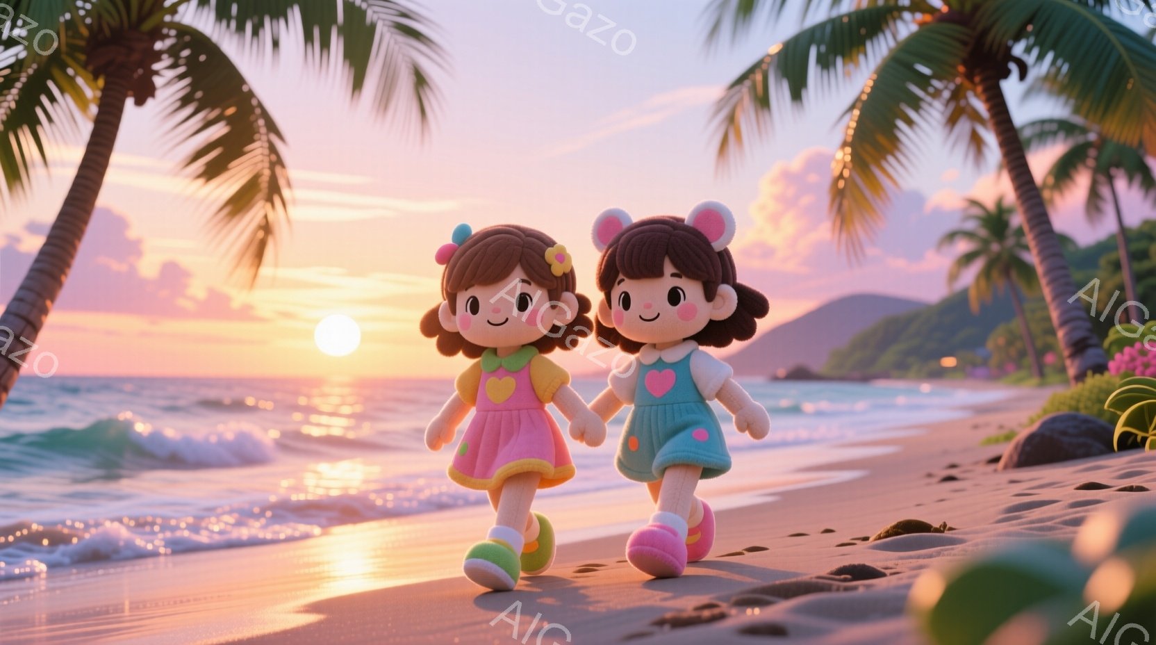 2人の少女が手をつないで砂浜を歩いています。ピンクと水色のワンピースを着ており、それぞれ頭に花飾りをつけています。背景にはヤシの木が生い茂り、夕焼けの海が広がり、穏やかで暖かい雰囲気を醸し出しています - AI生成フリー素材