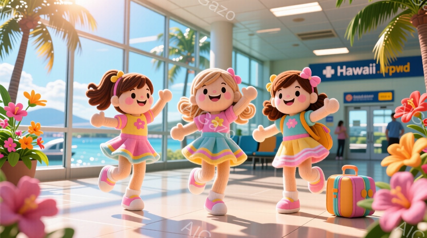 可愛らしい人形のような3人の女の子が、空港のロビーで楽しそうにスキップしています。それぞれピンク、イエロー、ブルーのフリルが可愛いワンピースを着ており、髪はポニーテールに結ばれています。背景にはヤシの木が見え、明るい日差しが差し込み、ハワイのような南国リゾートの楽しい雰囲気が漂っています。