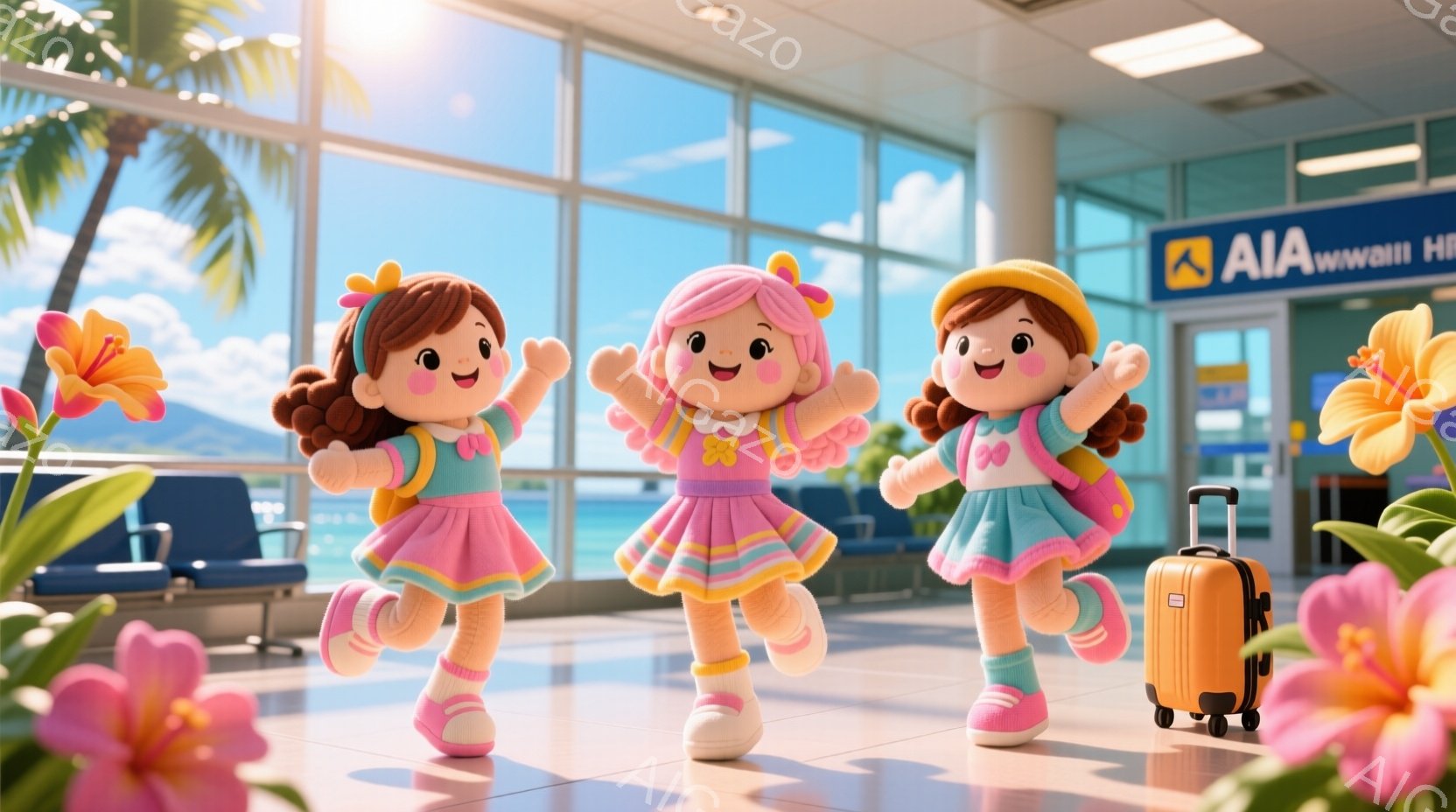 明るい背景に、ピンク、ターコイズ、黄色を基調とした可愛らしい人形たちが並んで立っています。彼女たちは同じようなフリルスカートとトップスを着ており、髪型もそれぞれ少しずつ異なりますが、共通して可愛らしい印象です。背景には空港の待合室とヤシの木が見え、鮮やかな花々が添えられており、全体的に温かく楽しい雰囲気が漂っています。