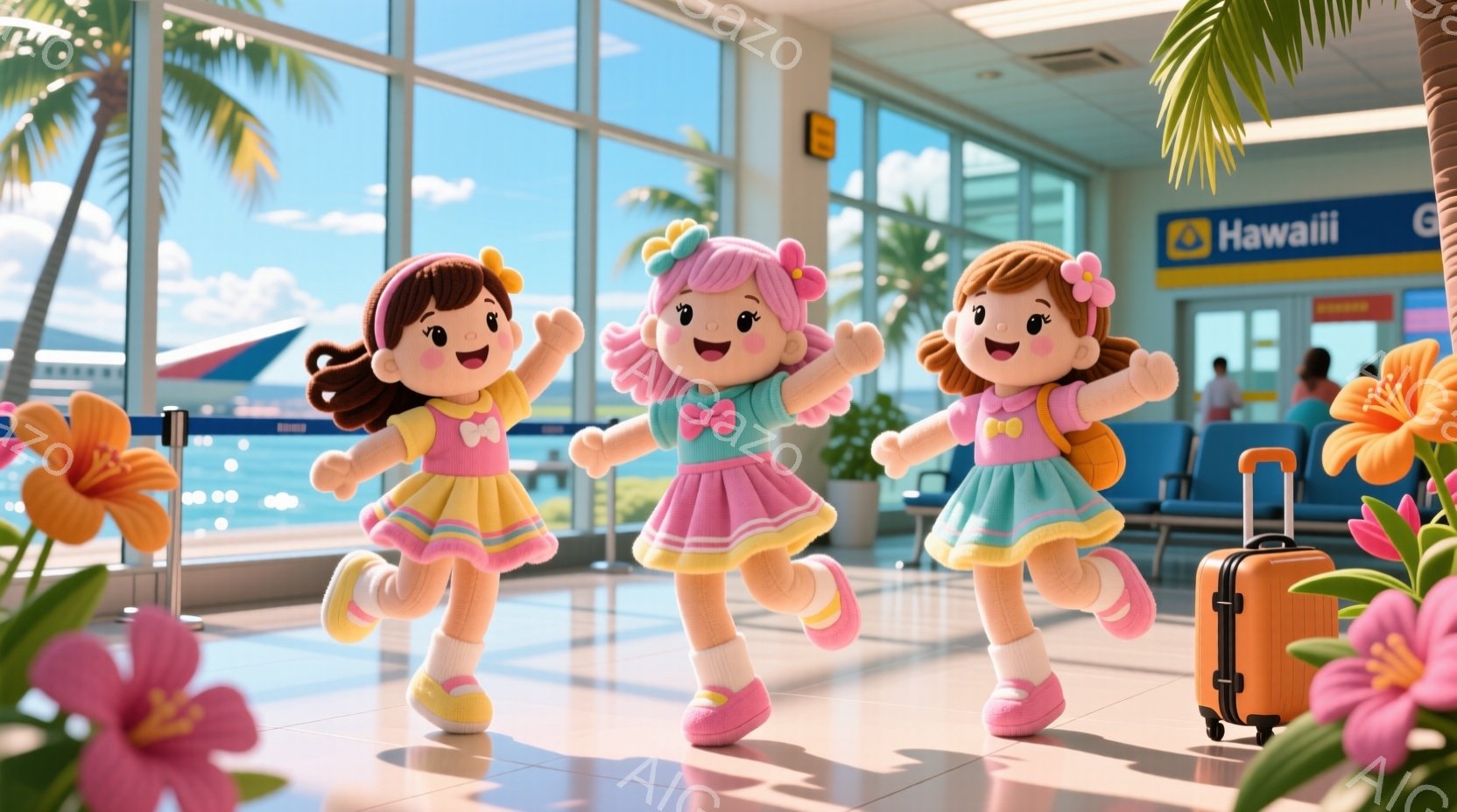 三体の人形が、空港のターミナルで踊るようにポーズをとっています。ピンクと水色のドレスを着ており、それぞれ腰に大きなリボンが付いています。背景には、ハワイ行きを示すサインと、明るい光が差し込む窓があり、 - AI生成フリー素材