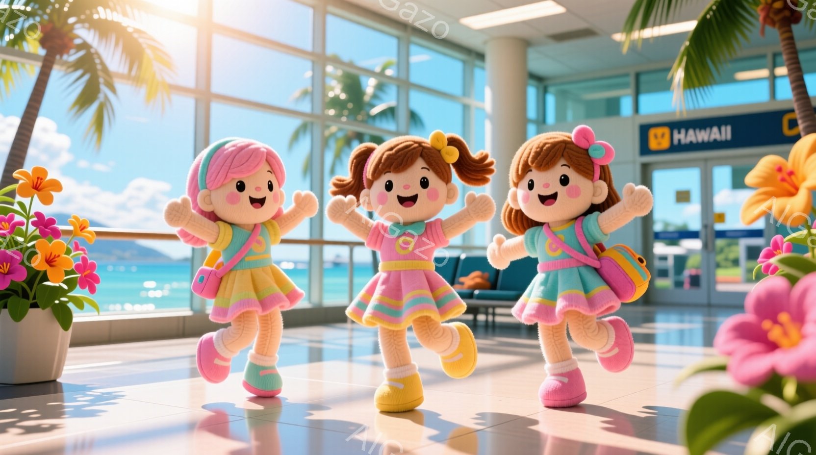 鮮やかなピンク色のドレスと、パステルグリーンのシューズを身に着けた、３人の愛らしい人形が描かれています。人形たちは、それぞれ髪を高いポニーテールにし、ピンク、オレンジ、黄色のリボンをつけており、笑顔で - AI生成フリー素材