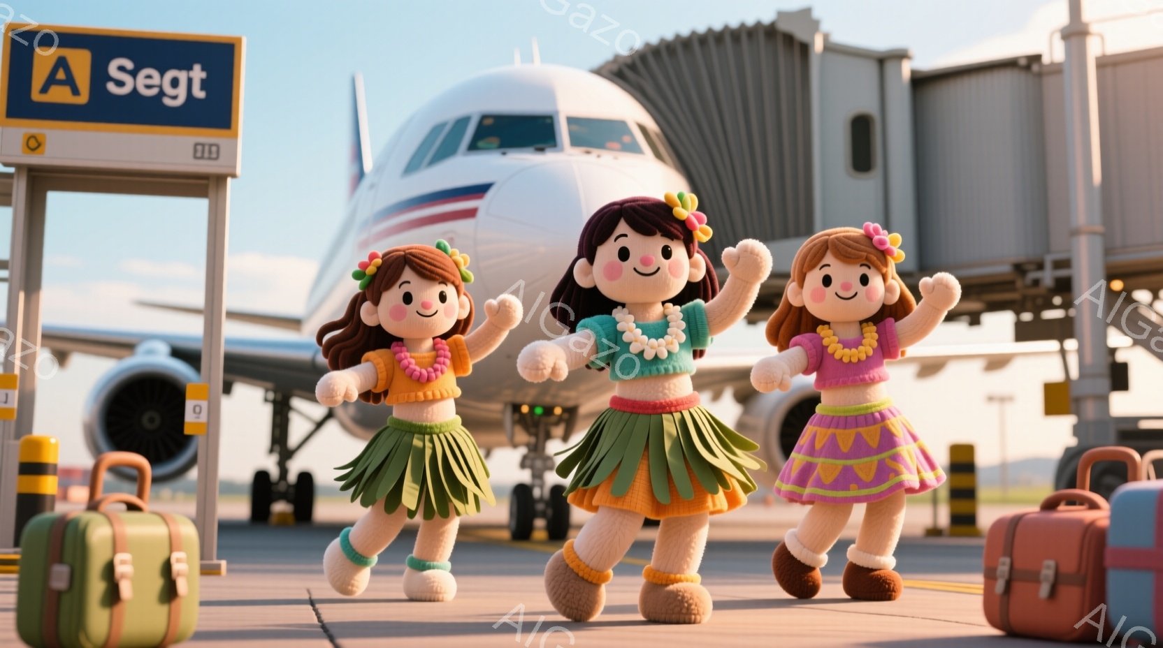 3人の可愛らしい人形が、滑走路上で陽気にスキップしています。人形たちはそれぞれ明るい色のレイを首にかけ、花柄のスカートとニットのトップスを着ています。背景には、航空機とターミナルがあり、晴れた空の下、旅行の始まりを予感させる暖かい雰囲気です。