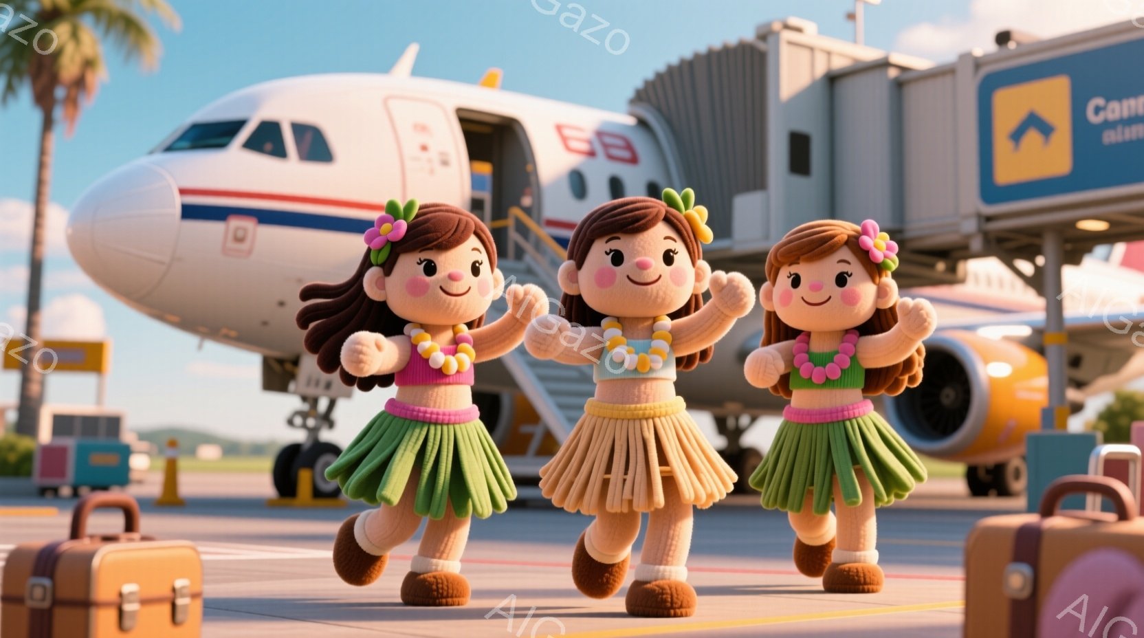 可愛らしい人形のような女性が二人、ハワイ風の衣装を着て、空港の滑走路を走っている様子が描かれています。彼女たちは明るい緑色のレイと、茶色のフリンジが付いたスカートを身に着け、笑顔で活気に満ちています。背景には、青空の下を離陸準備をする飛行機と、ヤシの木が見え、全体的に明るく陽気な雰囲気が漂っています。