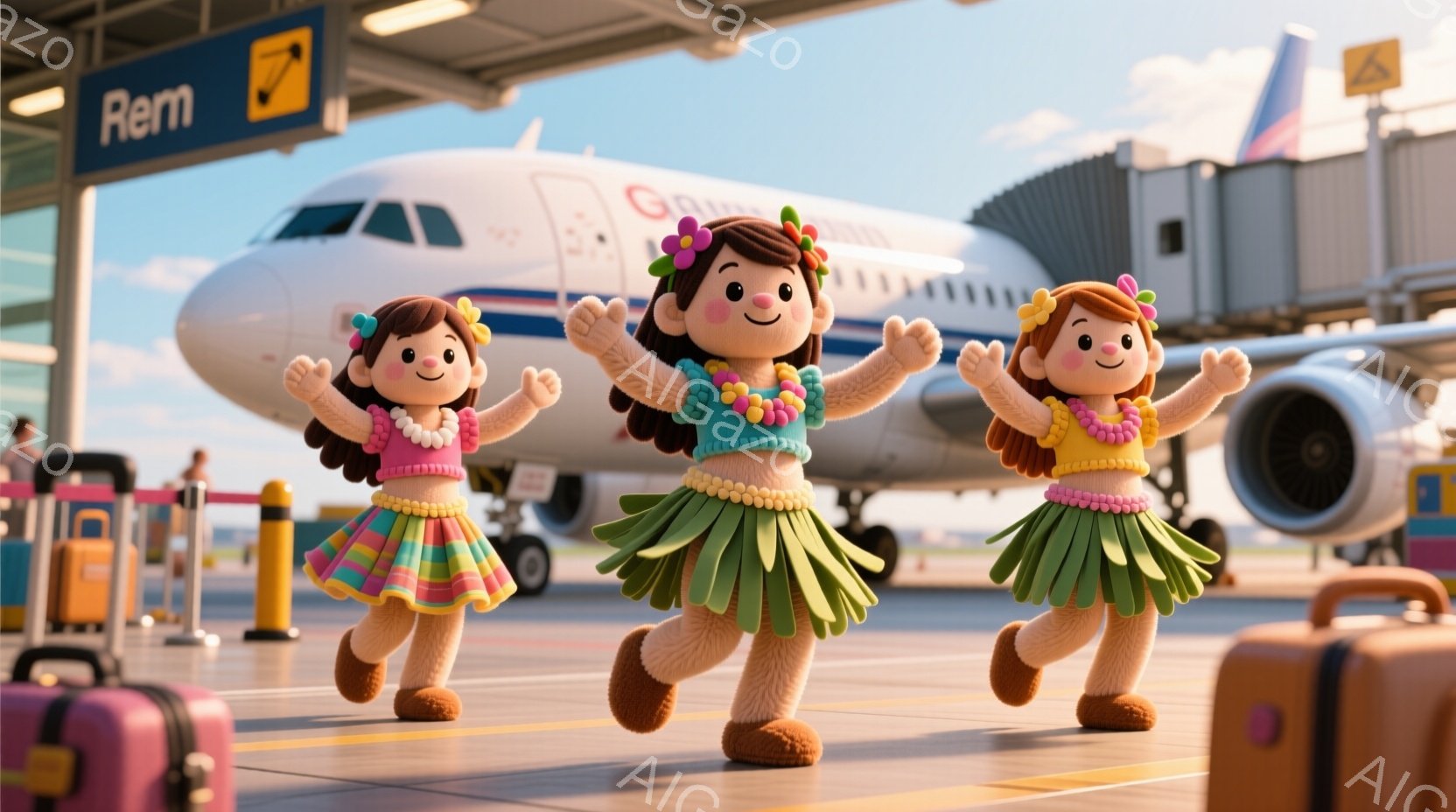 3人の可愛らしい少女たちが、ハワイ風の服装で滑走路で踊っています。彼女たちはそれぞれ明るい色のスカートとレイを身につけ、茶色の巻き毛の髪型に、笑顔の表情をしています。背景には飛行機、手荷物、そして空港 - AI生成フリー素材