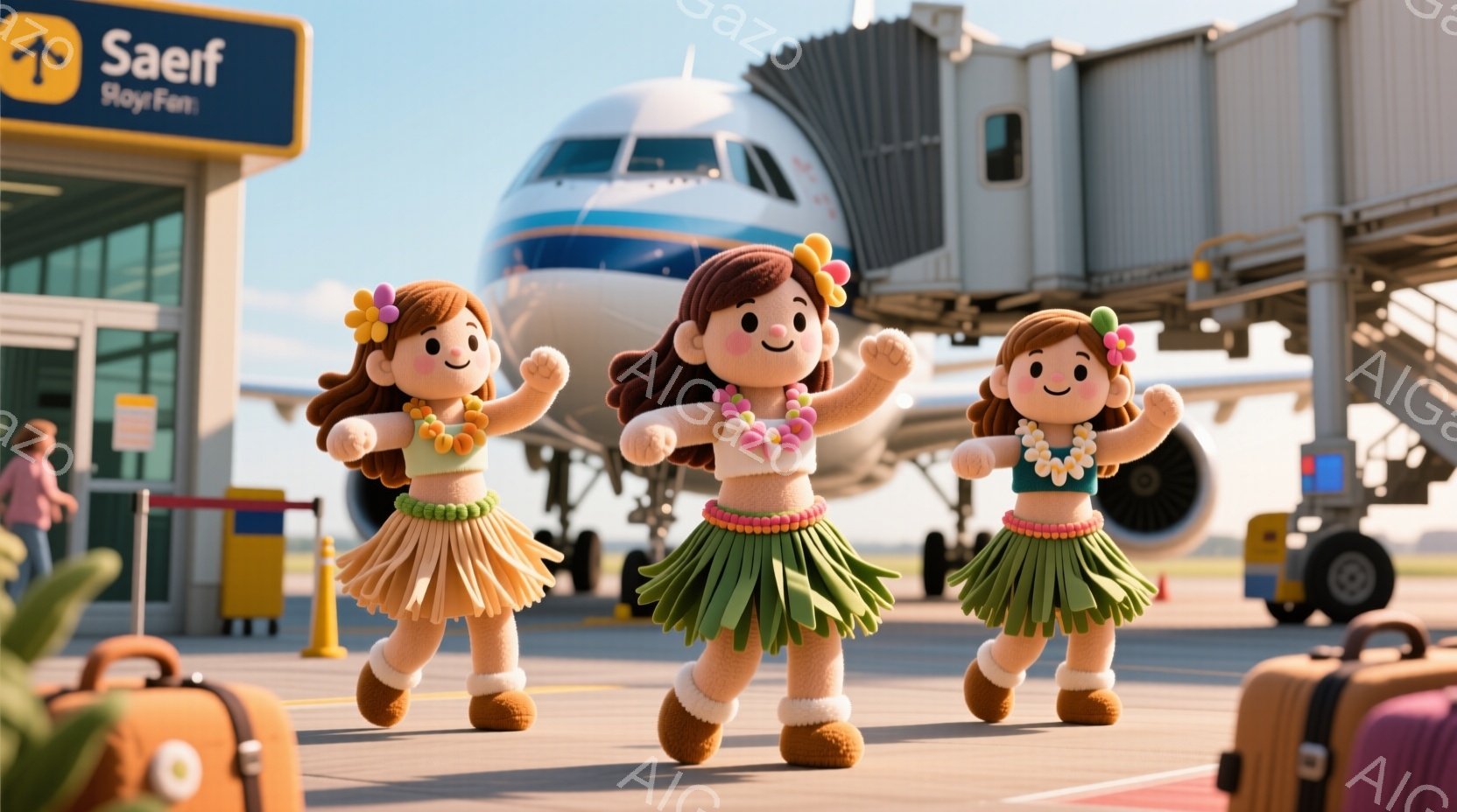 三人の少女が、明るい空港の滑走路で踊っています。彼女たちはそれぞれハワイ風のレイとフリルのスカート、そして白い靴を身に着け、笑顔で腕を上げています。背景には大型の飛行機が停泊しており、青空の下、荷物や空港の設備が見え、陽気で楽しい雰囲気が漂っています。