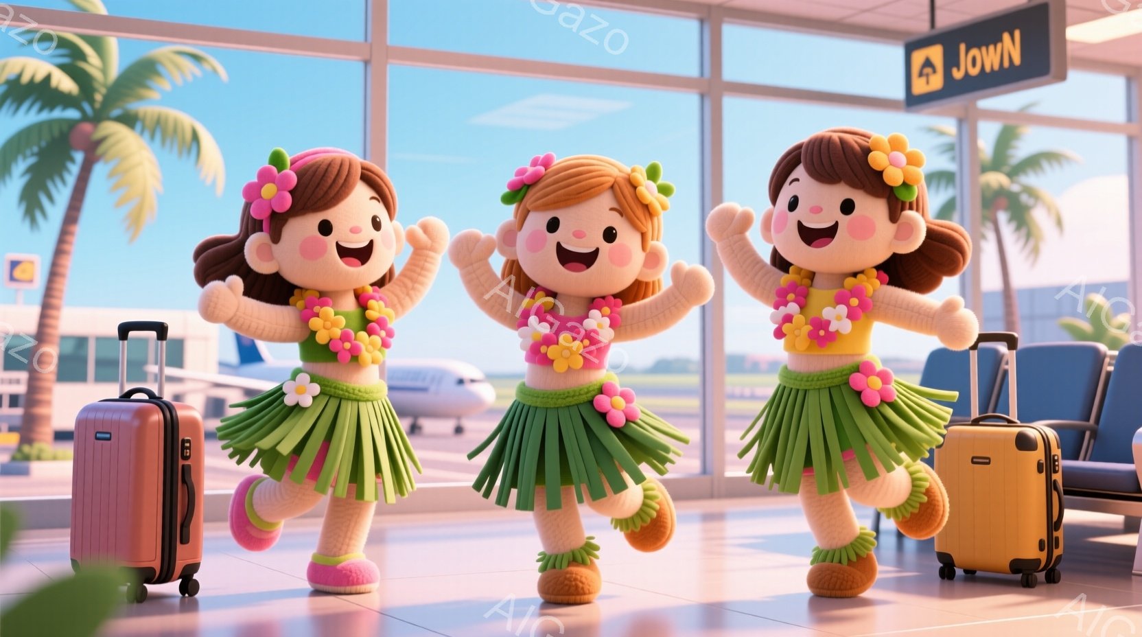 3人の女の子が、緑色のフリルスカートと白い花飾りをつけ、空港の待合室で両手を上げて踊っています。彼女たちは明るい笑顔で、可愛らしいヘアスタイルをしており、足元には藁のサンダルを履いています。背景には飛 - AI生成フリー素材