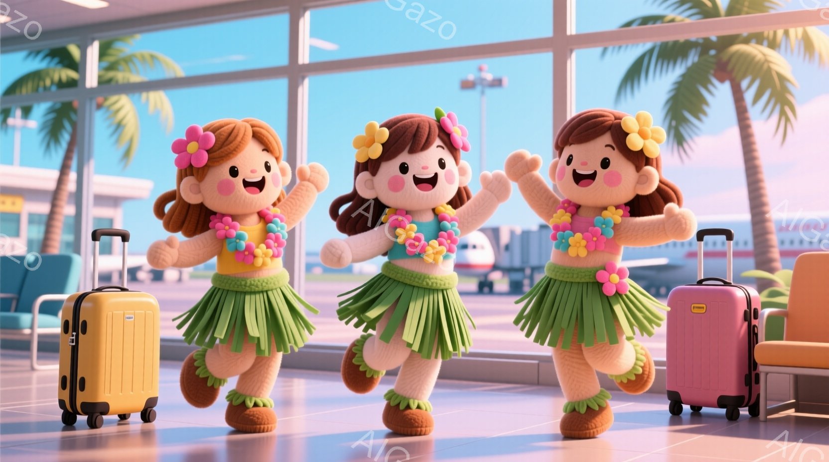 3人の可愛らしい女の子が、空港のターミナル内で踊るように歩いています。彼女たちは緑色のフラダンススカート、花飾り、そして茶色の髪をしています。背景には飛行機、滑走路、そしてヤシの木が見え、暖かい晴天の - AI生成フリー素材
