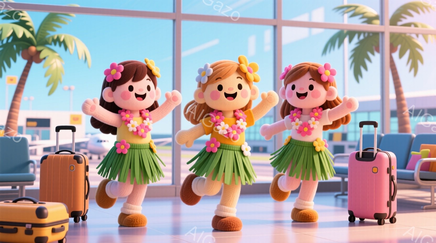 明るい背景の前で、花飾りをつけた３人の可愛らしい女の子が描かれています。彼女たちはピンクとオレンジのスーツケースを持って、まるで踊っているかのように足を踏み鳴らし、楽しそうな表情をしています。背景には - AI生成フリー素材