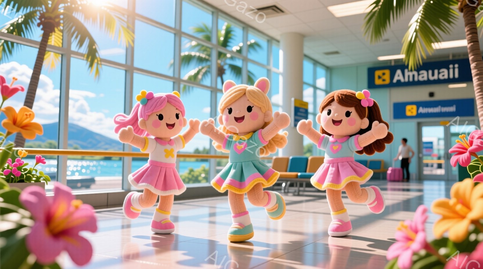 3体の可愛らしい人形が、ハワイの空港の待合室で両手を広げて立っています。人形たちはピンク色のドレスに黄色のリボン、髪は茶色または金色のカールで、笑顔を見せています。背景には空港の窓から見えるヤシの木や - AI生成フリー素材