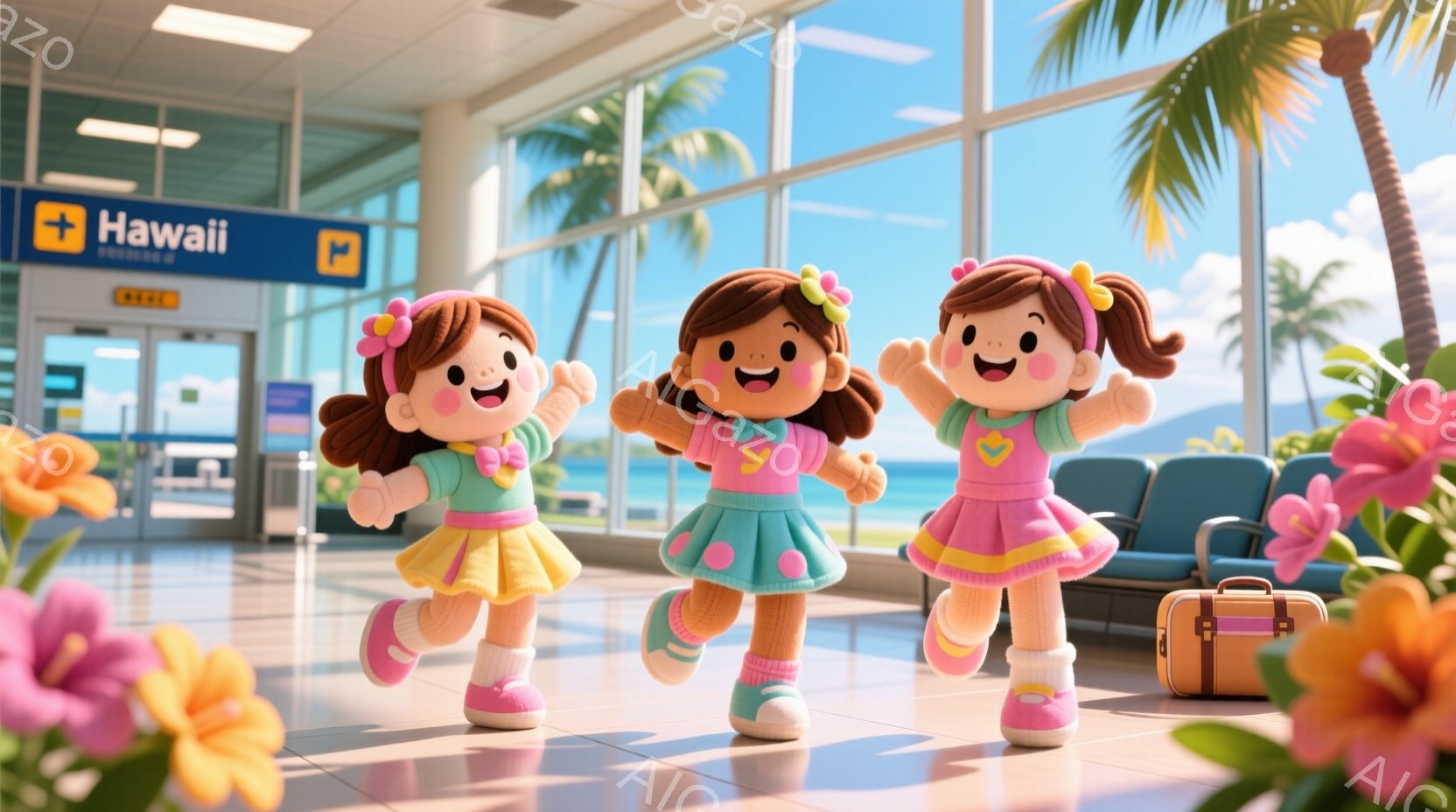 ３人の可愛らしい少女が、ハワイを連想させる空港の待合室で楽しそうに駆け寄っている。彼女たちはそれぞれピンクとターコイズのドレス、明るい色のセーター、そして同じようにカールした茶色の髪型をしており、笑顔 - AI生成フリー素材
