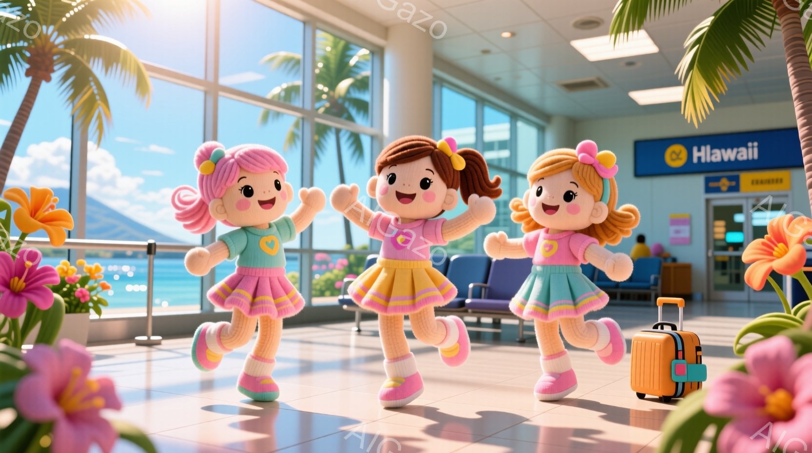 明るい空港の待合室に、可愛らしい人形のような女の子たちが立っています。ピンクと黄色のドレスを着ており、髪型はそれぞれ異なる巻き髪で、顔には笑顔が浮かんでいます。背景には青い空と海、ヤシの木が見え、旅行への期待感と楽しい雰囲気が漂っています。