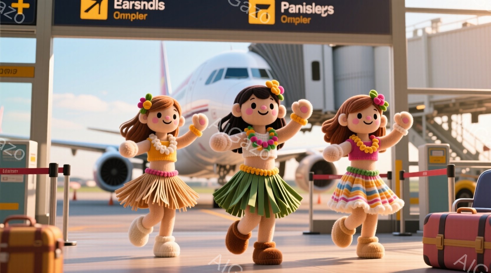 三人の女の子が、ハワイ風の衣装を着て、空港の滑走路で踊っています。彼女たちはそれぞれ異なる色のフリルスカート、白いトップス、そして花輪を身に着け、明るい笑顔を浮かべています。背景には飛行機が駐機されており、空港のターミナルの一部が見え、全体的に陽気で楽しい雰囲気が漂っています。