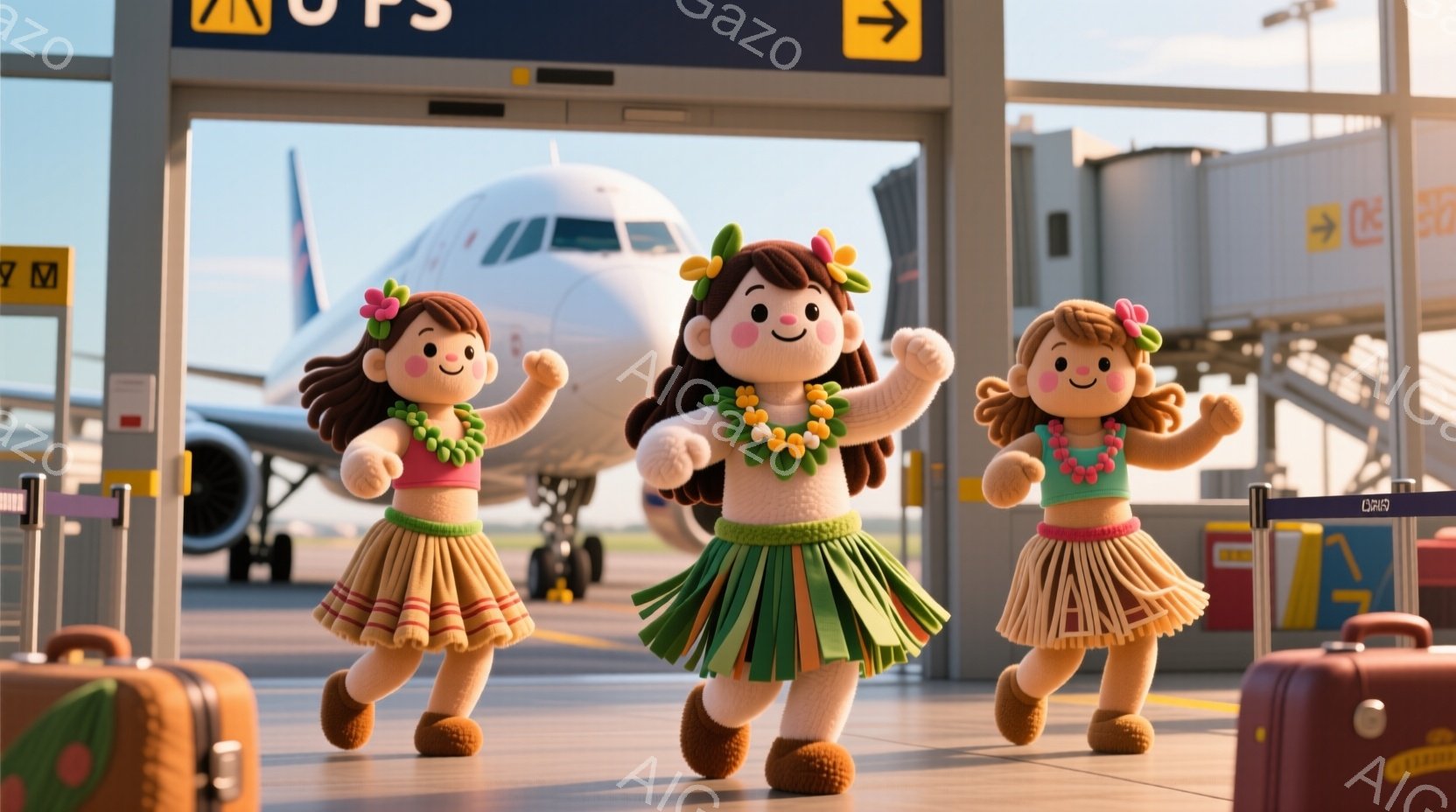 三人の少女が、空港の滑走路の前で歩いている様子が描かれています。彼女たちはそれぞれ、茶色の髪に花の髪飾りをつけ、緑色のレイ、茶色のスカート、そして裸足というハワイアン風の服装をしています。背景には、航空機と空港の建物があり、晴天で明るい雰囲気が伝わってきます。