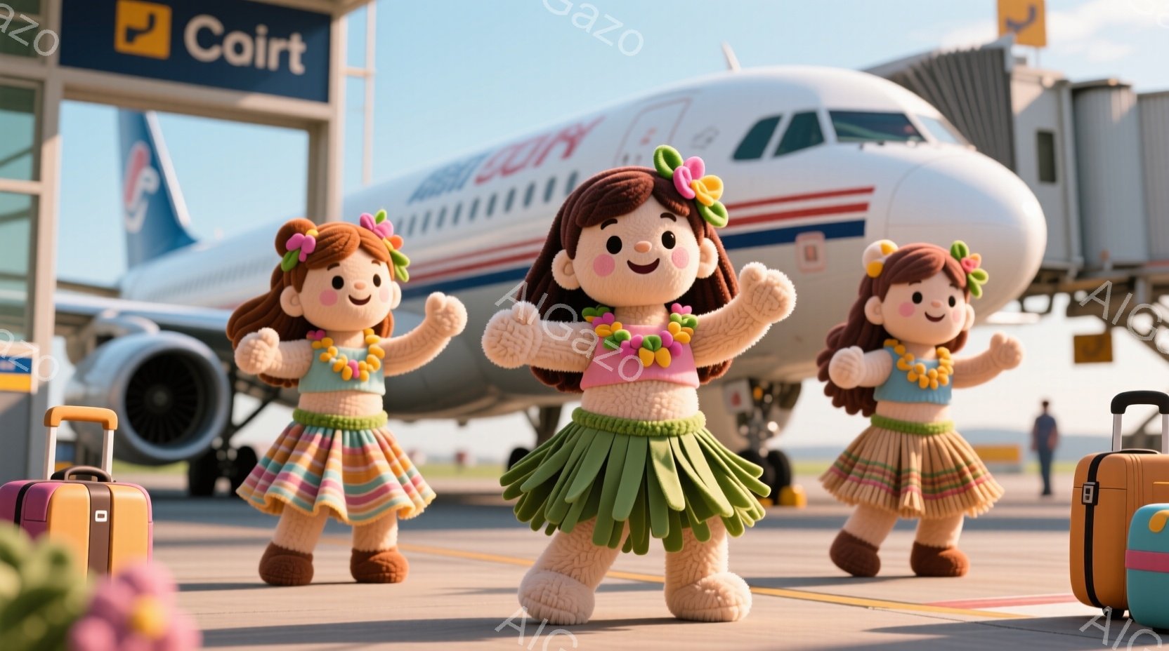 鮮やかな背景に、ハワイアン風の衣装を着た可愛らしい人形たちが並んでいます。人形たちは明るい笑顔で腕を広げ、まるでダンスを踊っているかのようなポーズを取っています。背景には飛行機とターミナルが見え、旅行や休暇の陽気な雰囲気を演出しています。