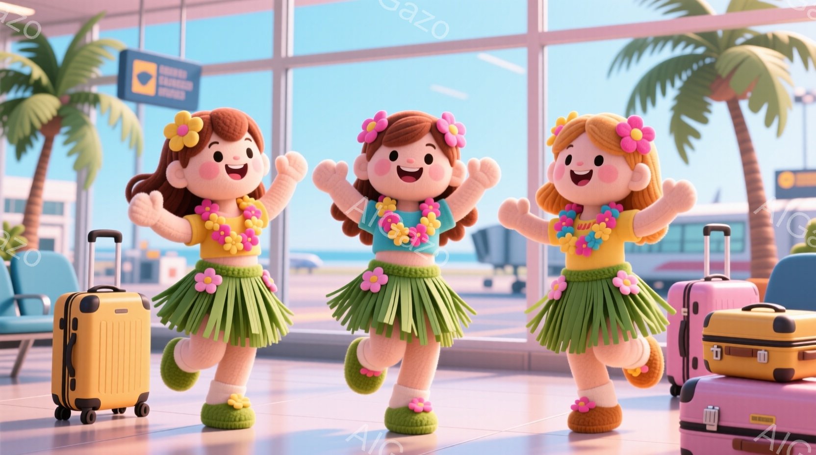 ハワイ風の衣装を着た2人の少女が描かれています。少女たちは緑色のレイ、黄色いトップス、そしてフリルスカートを着ており、顔には笑顔が浮かんでいます。背景は空港の待合室で、青い椅子と荷物、そして窓の外には - AI生成フリー素材