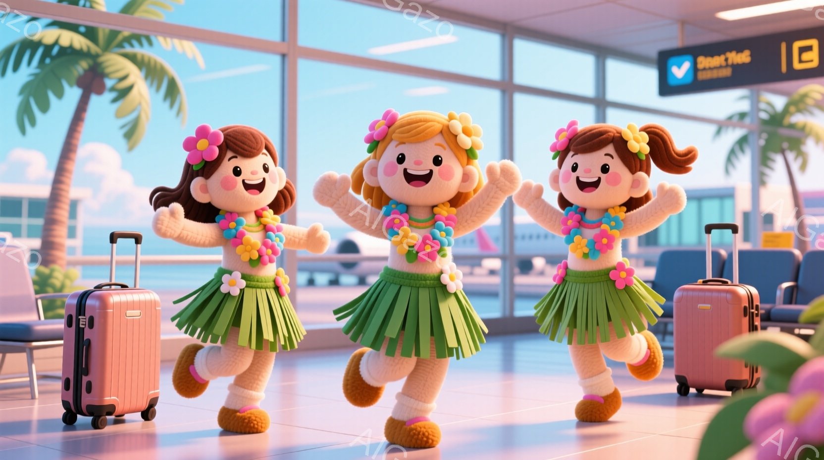 3人の可愛らしい女の子が、それぞれピンク、白、オレンジのスーツケースを引きながら、ハワイ風の服装で踊るように立っています。彼女たちは緑色のフリルスカートと花飾りを身につけ、明るい笑顔を浮かべており、髪 - AI生成フリー素材