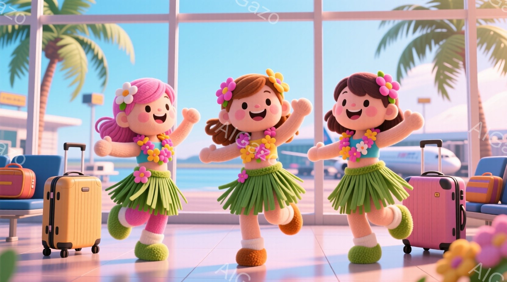 明るい背景を背景に、３人の若い女性が描かれています。彼女たちは皆、緑色のフリルスカートと花のレイを身につけ、ピンクとオレンジの髪を結んでいます。空港の待合室のような場所で、手荷物を持って喜んで踊ってい - AI生成フリー素材