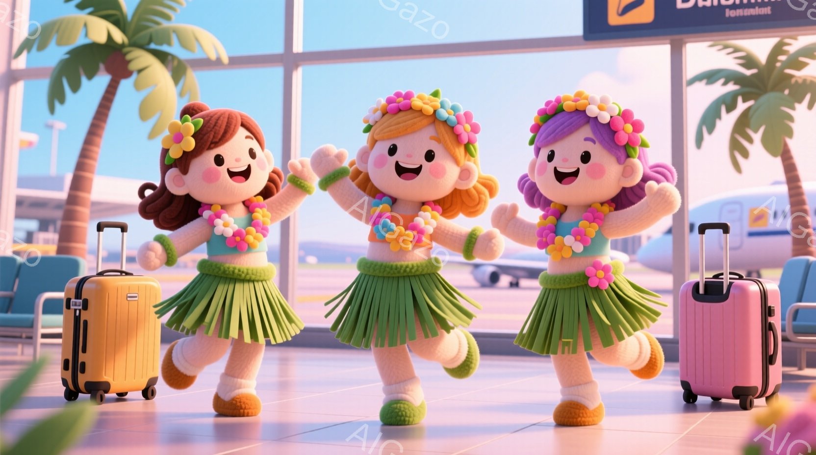 鮮やかな色合いのイラストで、二人の少女が大きなスーツケースと共に描かれています。二人はそれぞれ緑と紫のフリルスカート、花飾りをつけた髪、そして楽しそうな笑顔を見せています。背景には空港の様子が見え、ヤシの木が生い茂り、明るい晴天で、休暇の雰囲気が漂っています。