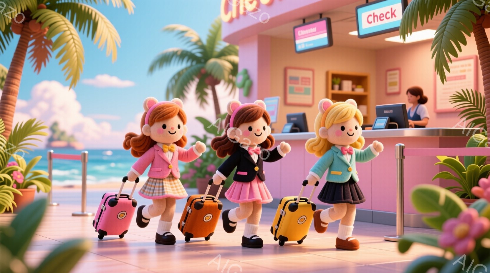 三人の女の子が、それぞれピンク、黒、緑のスーツジャケットとチェック柄のスカートを着て、手には同じデザインのキャリーケースを持って並んでいます。彼女たちは皆、明るい笑顔を見せ、前を向いて歩いているようなポーズをとっています。背景には、ヤシの木が生い茂り、青い海と空が広がり、受付カウンターには「Check」という表示があり、旅行やバケーションを想起させる温かく楽しい雰囲気です。