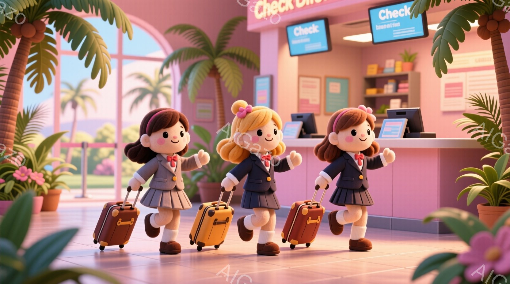 チェックインカウンターの前で並んで歩いている、同じように見える3人の女の子が描かれています。彼女たちはそれぞれ茶色または金色のカールした髪、白いブラウス、ネイビーブルーのジャケット、チェック柄のスカート、白い靴下と茶色の靴を履いています。背景にはヤシの木が生い茂り、明るい日差しが差し込み、旅行のわくわくするような雰囲気が漂っています。