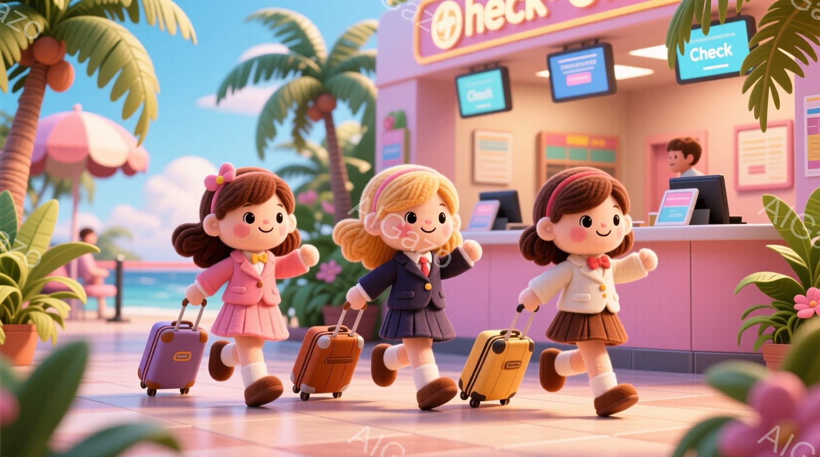 3人の少女が、それぞれ異なる服装で手荷物を引きずりながら歩いています。ピンク、ネイビー、ミントグリーンの可愛らしいワンピースを着ており、髪型はそれぞれ異なるポニーテールです。背景には、ヤシの木が生い茂 - AI生成フリー素材