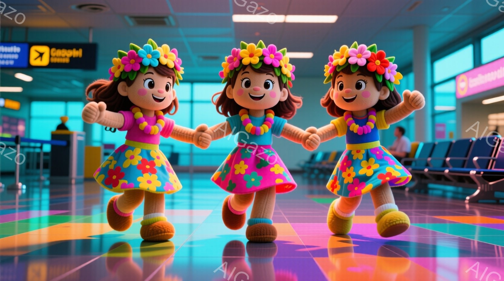 明るいピンクのシャツと花柄のスカートを着た、3人の女の子が手をつないで走っています。彼女たちは頭に花輪を飾り、笑顔で活気に満ちた表情をしています。背景は空港の待合室で、床はカラフルなデザインで、他の旅行者がぼやけて見えます。