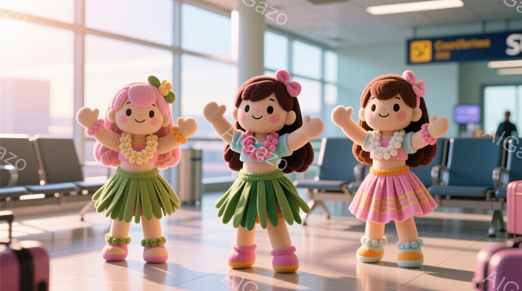 ３体の可愛らしい人形が、それぞれピンク、緑、ピンクのフリルスカートとレイ、そして茶色の巻き毛で、空港のロビーで両手を上げて立っています。背景には手荷物や椅子が並び、明るい自然光が差し込み、全体的に陽気で楽しい雰囲気が漂っています。人形たちは皆、笑顔で、ハワイアンダンスのようなポーズをとっています。