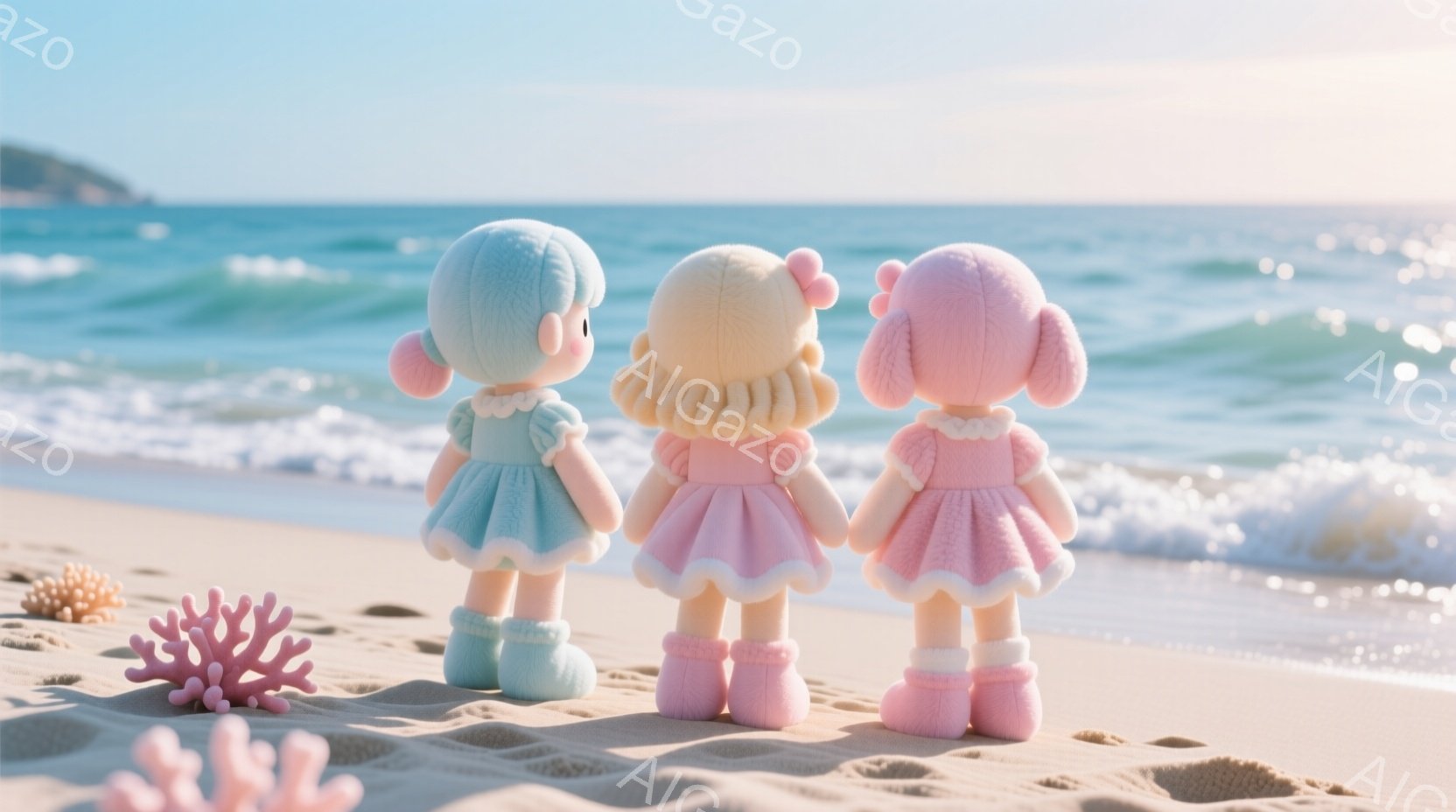 ターコイズブルー、薄いピンク、そしてクリーム色の3体のぬいぐるみたちが砂浜に並んで立っている。それぞれフリルが付いた可愛らしいドレスと、頭に同じくフリルが付いた帽子を身につけており、後ろ姿だけが見えて - AI生成フリー素材